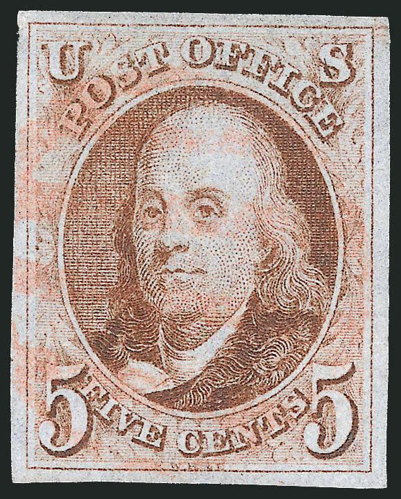 5c Red Brown (1).> Large margins all around, bright shade, unobtrusive strike of red grid cancel, unusual <plate marks at upper right> which appear to be stress-related (such as surface cracks), Very Fine, a
fascinating stamp worth further study, Sco