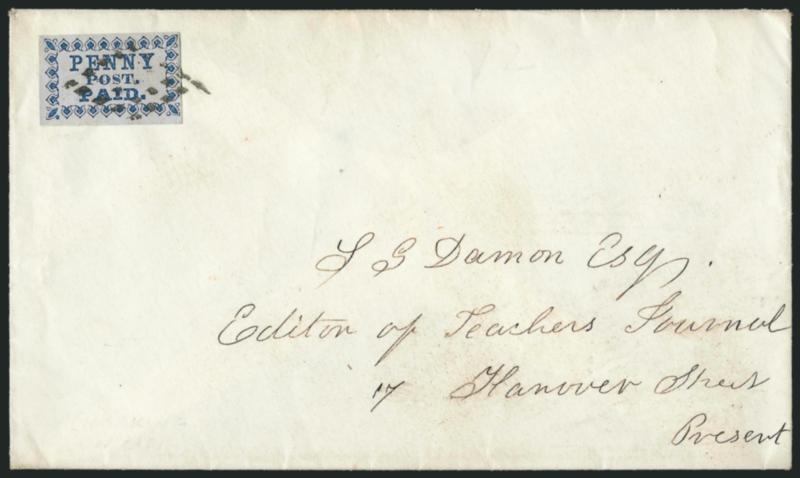 Boston Mass., 1c Blue on Pelure (3LB1).> Large margins, tied by segmented diamond cancel on locally addressed cover, red 11 OClock Delivery, Sep. 21 backstamp, Very Fine