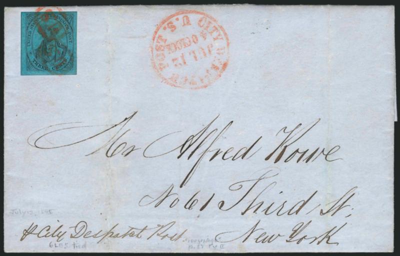 U.S. City Despatch Post, New York N.Y., 3c Black on Blue Green Glazed (6LB5).> Large margins to full, tied by two strikes of red U.S. in octagon handstamps, matching City Despatch Post Jul. 12 4 OClock U.S.
circular datestamp on blue 1845 folded