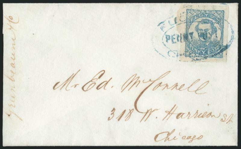 Floyds Penny Post, Chicago Ill., (1c) Blue (68L1).> Large margins all around, bright color, tied by blue Floyds Penny Post, Chicago oval handstamp on small cover to local address, slightly reduced at left and
cleaned, Very Fine, ex Knapp
