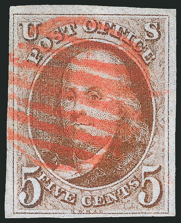 5c Red Brown (1).> Large to full margins, crisp shade, bold strike of red grid cancel, fresh and Very Fine, with 1986 P.F. and 1989 Amonette certificates