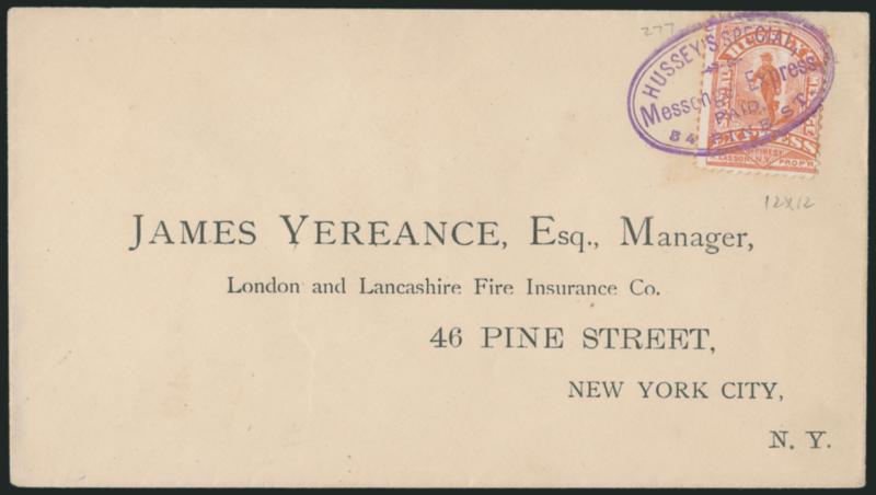 Husseys Post, New York N.Y., (unstated value) Blue, Perf 12-12, Brown, Ty. I (87L59, 87L73).> Two covers, first tied by purple handstamp to local address, second tied by oval handstamp also to local address,
Very Fine
