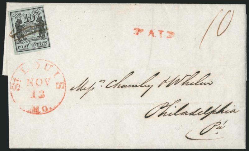 St. Louis Mo., 10c Black on Greenish (11X2).> Type II, Position 4, full to large margins, strong impression in dark shade on fresh bright paper, tied by two neat penstrokes on light blue folded letter to Charnley
& Whelen in Philadelphia, datelined <