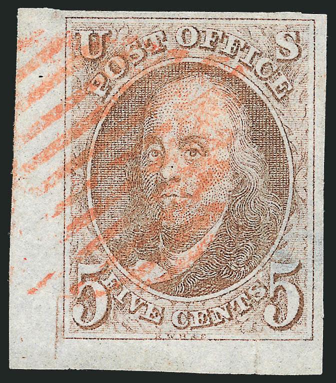 5c Red Brown (1).> Position 91R1, huge margins including <bottom left corner sheet margins,> unusual line at lower left outside of frameline, neat strike of red New York square grid cancel, pressed-out vertical
crease at right ending in sealed tear,