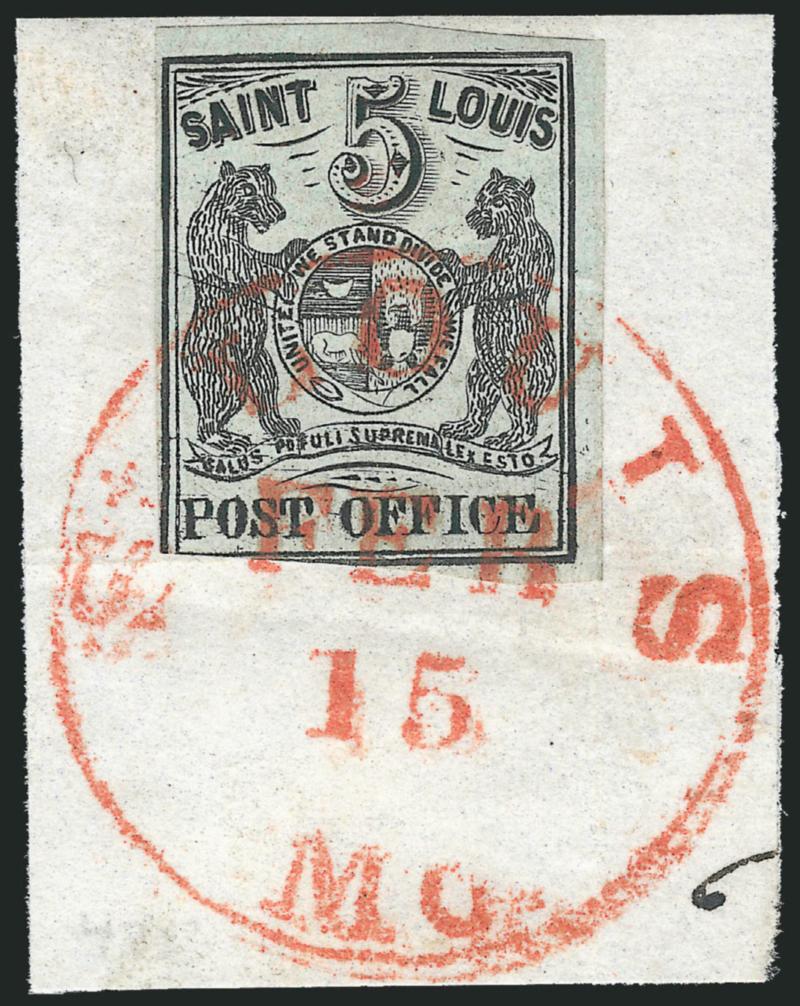 St. Louis Mo., 5c Black on Greenish (11X1).> Type I, Position 1, two large margins, ample at left to slightly in along left part of bottom frameline, <without pen cancellation, tied by red St. Louis Mo. Feb. 15
circular datestamp> on small piece, c