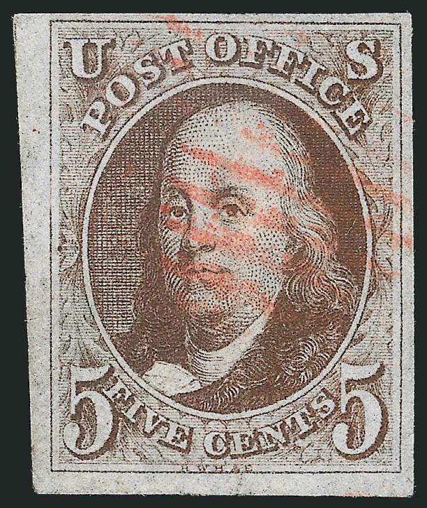 5c Red Brown (1).> Huge to full margins, crisp impression, light strike of red New York square grid cancel, thin spot at center, Very Fine appearance