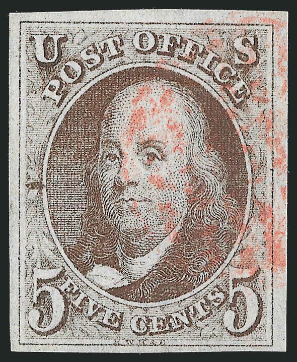 5c Red Brown (1).> Large margins to ample at bottom, bright shade, light strike of red grid cancel, light diagonal crease, Very Fine appearance, with 1999 P.F. certificate