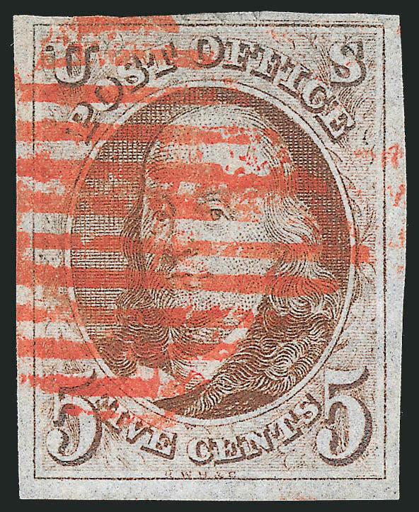 5c Red Brown (1).> Large margins to full at top, pale shade, bold strike of red New York square grid cancel, faint corner crease at top left, Very Fine appearance
