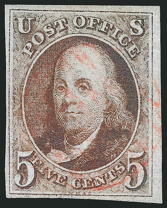 5c Red Brown (1).> Large margins to ample, deep rich color, light strike of red grid cancel leaves entire design clearly visible, tiny thin spot at right center, Very Fine appearance