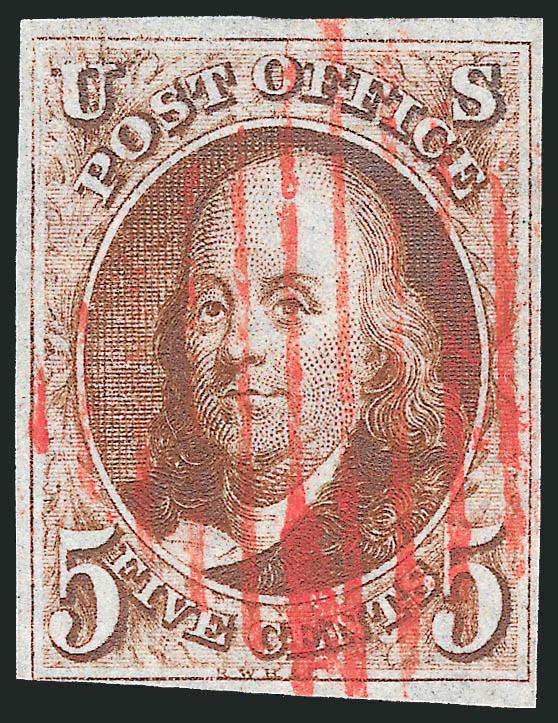 5c Red Brown (1).> Full margins to just touched at bottom left, bright color, bold strike of red New York square grid cancel, fresh and Fine