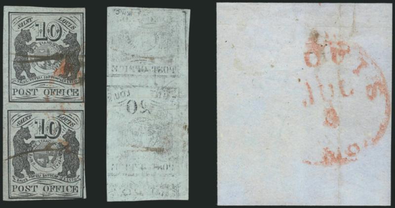 St. Louis Mo., 10c Black on Greenish (11X2).> Types IIIII, Positions 46, vertical pair, large margins at top and left, ample to clear on other sides, sharp impression, each stamp with neat manuscript cancel, tied
by red St. Louis Mo. Jul. 6 (1846