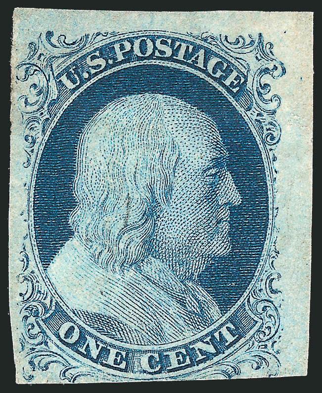 1c Blue, Ty. II, Plate 3 (7).> Position 10R3 with <major double transfer,> huge margins to just touched including <top right corner sheet margins,> barely cancelled at center, sealed tear at bottom, horizontal
creases, Very Fine appearance, the Neink