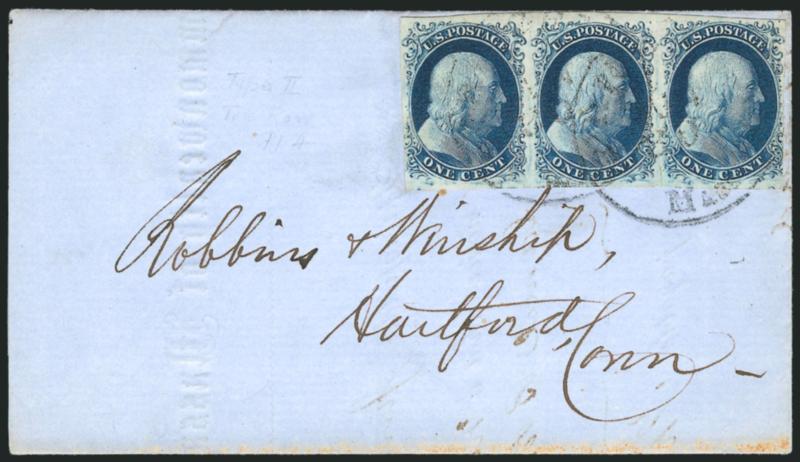 1c Blue, Ty. II (7).> Positions 3-5L4, horizontal strip of three, <Position 3L4 with clear break in outer line at bottom, which meets the definition of Type IIIa,> large margins including part of <top sheet
margin> which highlights the complete desig