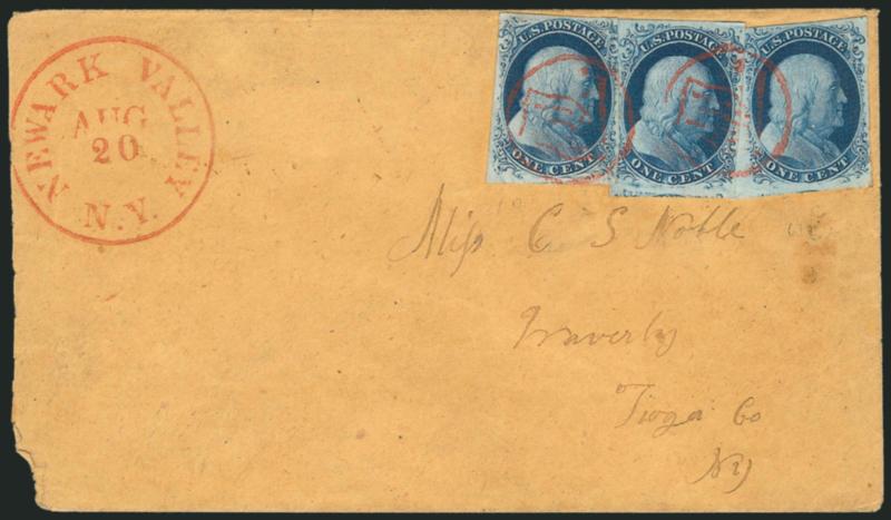 1c Blue, Ty. II (7).> Position 2L4 with <clear break in outer line at bottom, which meets the definition of Type IIIa,> huge margins including part of <sheet margin> at top and adjoining stamp at bottom,
surrounded by <1c Blue, Ty. III (8),> Position