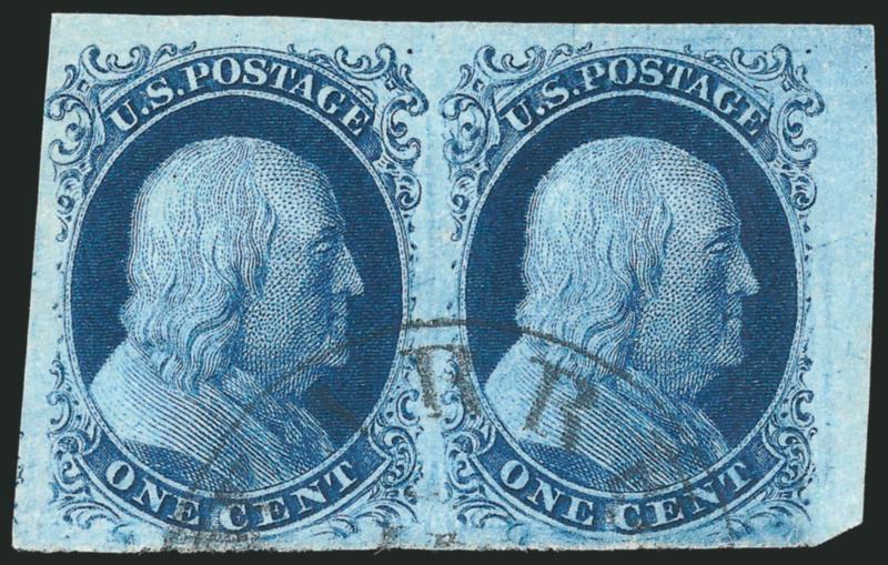 1c Blue, Ty. II (7).> Positions 9-10R4, horizontal pair, <right stamp with major Plate 4 double transfer,> huge margins including <top right corner sheet margins,> rich color, unobtrusive strike of circular
datestamp<><>^EXTREMELY FINE. A GORGEOUS