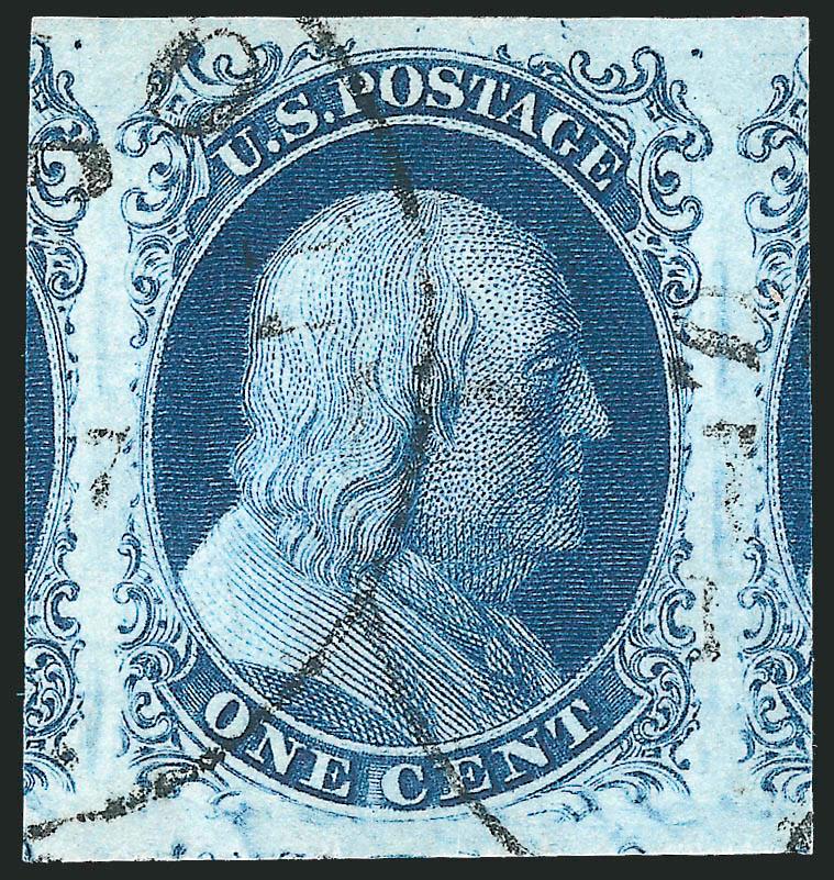 1c Blue, Ty. II (7).> Position 5R4, enormous margins all around including significant portions of adjoining stamps at sides, gorgeous dark shade and proof-like impression, neat strike of circular
datestamp<><>^EXTREMELY FINE GEM. THIS IS UNDOUBTEDL