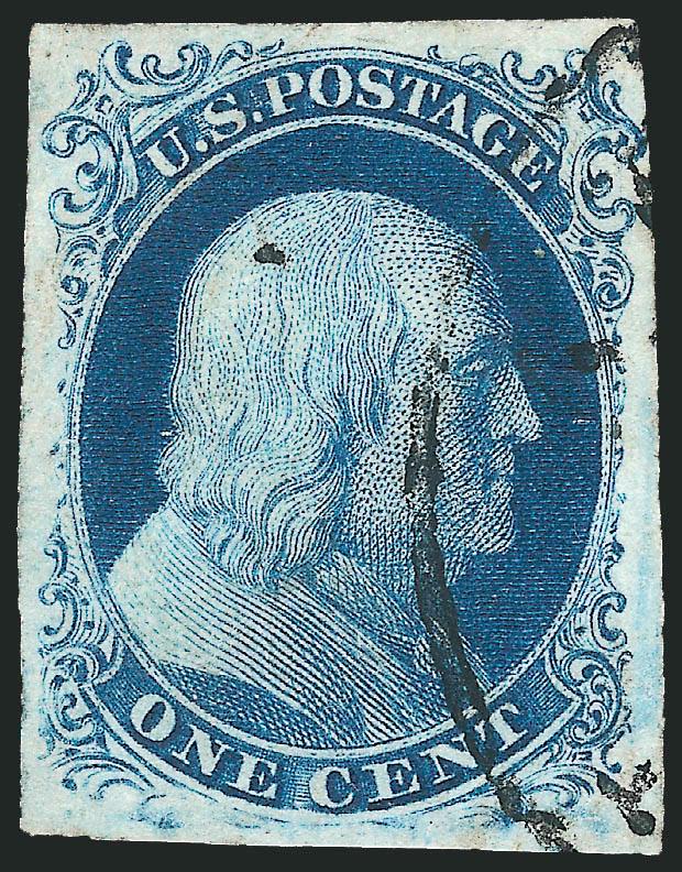 1c Blue, Ty. II (7).> Position 10L4, large margins all around, intense shade and impression, clear strike of circular datestamp<><>^EXTREMELY FINE. A STUNNING USED EXAMPLE OF THE IMPERFORATE ONE-CENT TYPE II
FROM THE TOP ROW OF PLATE 4.^<><>This