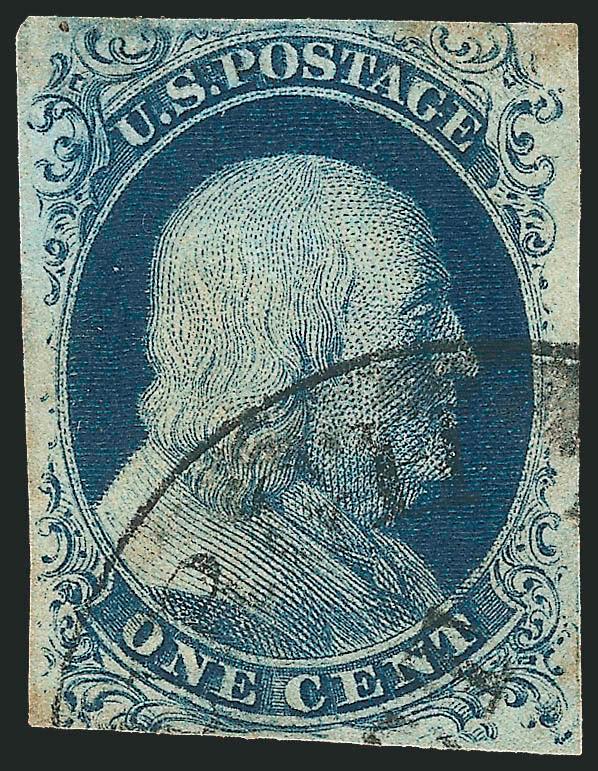 1c Blue, Ty. II, IIIa (7, 8A).> Seven singles and four horizontal pairs, most are Type II from Plate 1 Early, all stamps have plating positions on back, range of shades and cancels, pair of Type IIIa from Plate
4 with parts of design painted in to re