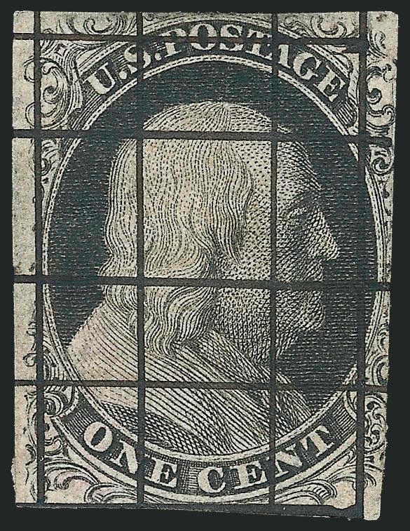 1c Black, Ty. II, Trial Color Plate Proof on Wove Stamp Paper (7TC5).> Position 20R2, appears to be backed by thin card, ample margins to slightly in, horizontal and vertical manuscript defacement
lines<><>^FINE. A RARE BLACK TRIAL COLOR PROOF OF T
