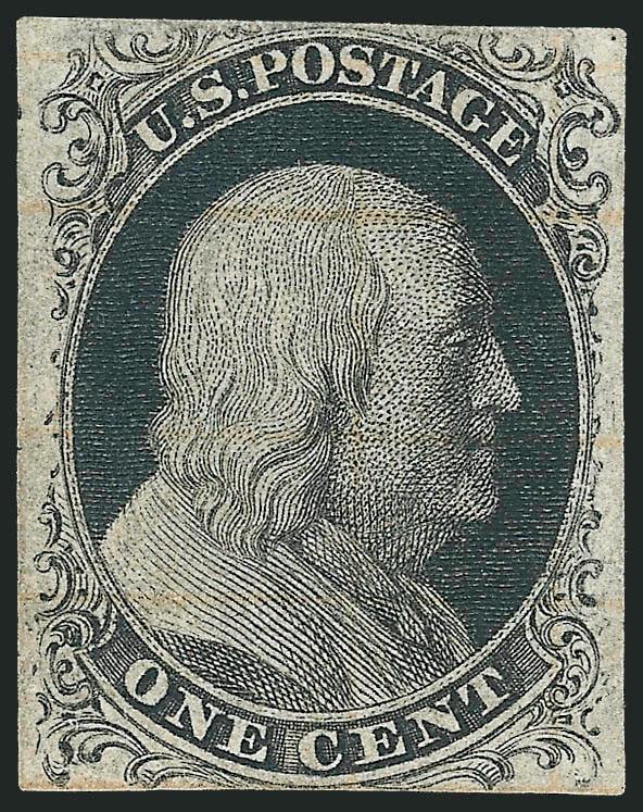 1c Black, Ty. II, Trial Color Plate Proof on Wove Stamp Paper (7TC5).> Position 34R2, ample to clear margins, manuscript lines (lightened, although certificate states faint)<><>^VERY FINE. AN EXCEEDINGLY RARE
BLACK TRIAL COLOR PROOF OF THE ONE-CE