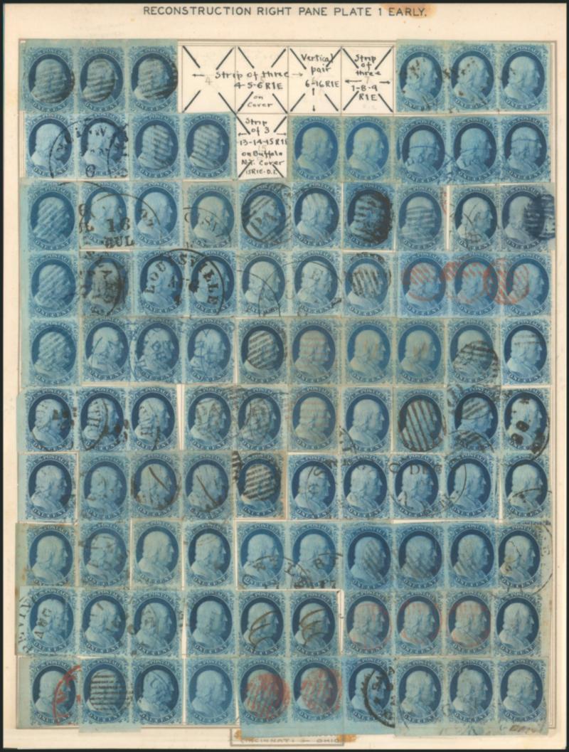 1c Blue, Ty. II, IIIa (7, 8A).> Virtually complete <reconstruction of the right pane of Plate 1 Early,> lacking only eleven positions to be complete (incl. one No. 5, six No. 5A and four others originally on
cover), a total of 114 stamps which includ