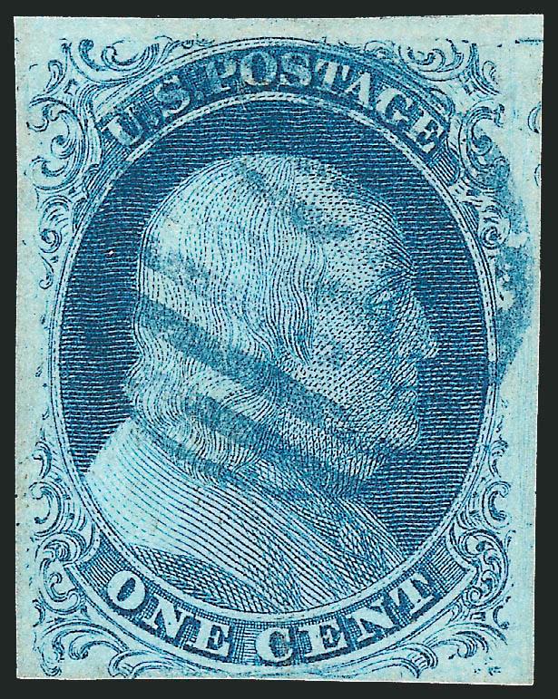 1c Blue, Ty. II (7).> Position 2R1E, full margins to just touched at bottom, brilliant shade and early impression, <blue> grid cancel, Very Fine and choice, a desirable position from the top row of the right
pane of Plate 1 Early, the original entry