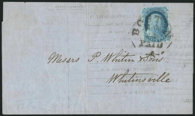 1c Blue, Ty. Ib (5A).> Position 3R1E, ample side margins and clear to just touching at top, shows triple transfer at upper left, bottom margin just into left plume, beautiful bright color and impression, tied by
Boston May 21 Paid circular datestam