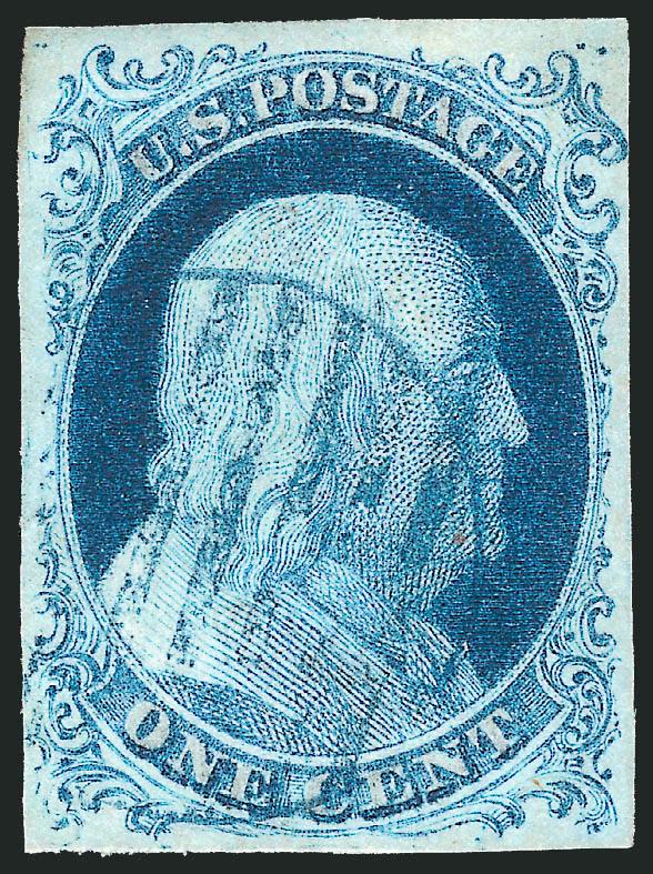 1c Blue, Ty. Ib (5A).> Position 4R1E, full even margins, just touched at upper right ornament, rich Plate 1 Early shade, light <blue> grid cancel, tiny natural fiber inclusion in Franklins chin<><>^EXTREMELY
FINE. AN OUTSTANDING EXAMPLE OF THE 185