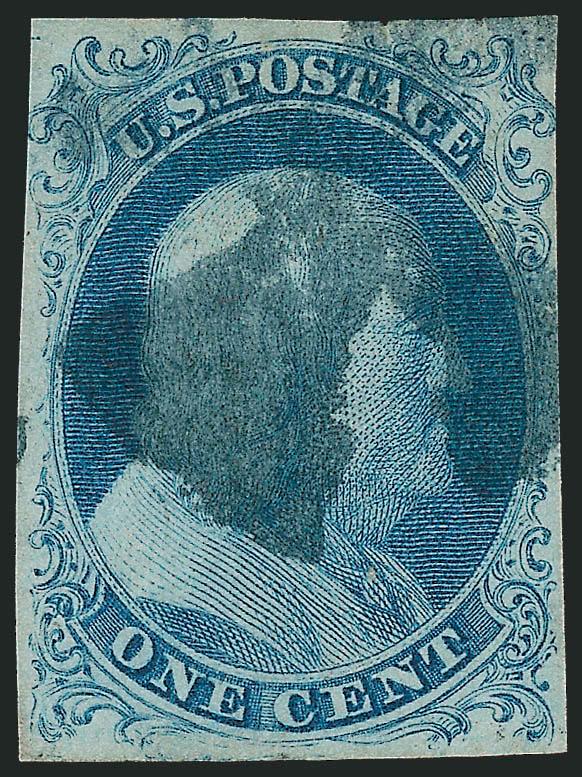 1c Blue, Ty. Ib (5A).> Position 6R1E, full even margins, just touching upper side ornaments, bright Plate 1 Early color on crisp paper, bold strike of unusual Maltese Cross cancel, minute picked-out inclusion
speck<><>^EXTREMELY FINE APPEARANCE. A