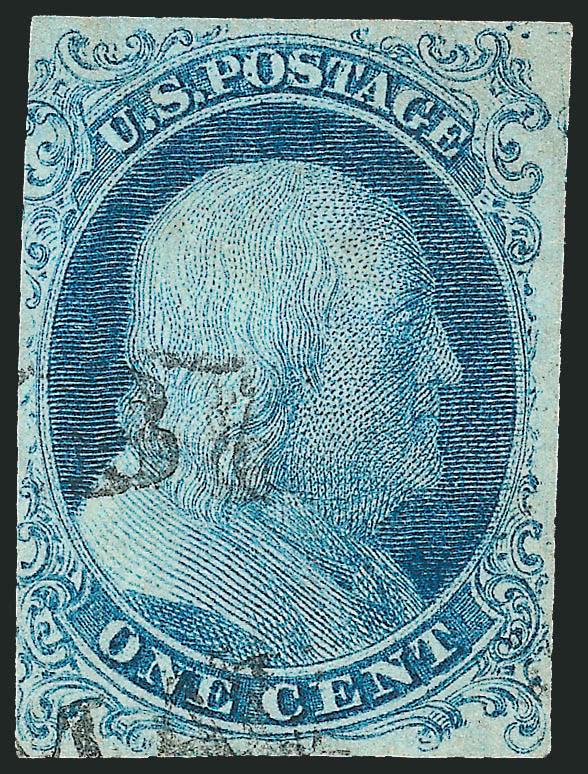 1c Blue, Ty. I (5).> Position 7R1E, bright shade from an early impression, large margins to just in at left, shows <complete design at top and bottom,> lightly cancelled<><>^VERY FINE. A RARE SOUND AND
LIGHTLY-CANCELLED EXAMPLE OF POSITION 7 FROM T