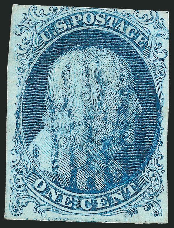 1c Blue, Ty. Ib (5A).> Position 8R1E, full margins to barely touched, beautiful bright Plate 1 Early color, neat strike of <blue> grid cancel<><>^VERY FINE. A BEAUTIFUL 1851 ONE-CENT TYPE Ib FROM ONE OF THE TWO
POSITIONS ON PLATE ONE EARLY THAT FUR