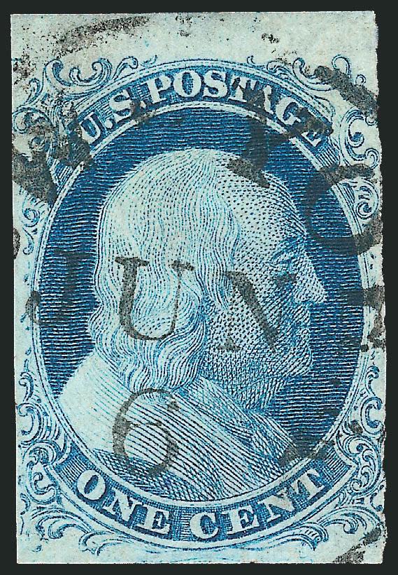 1c Blue, Ty. II (7).> Position 10R1E with <complete design at top>, top sheet margin and ample at bottom, slightly in at sides, cancelled by New York circular datestamp, slight corner crease at top right in
sheet margin only, natural fiber inclusion,