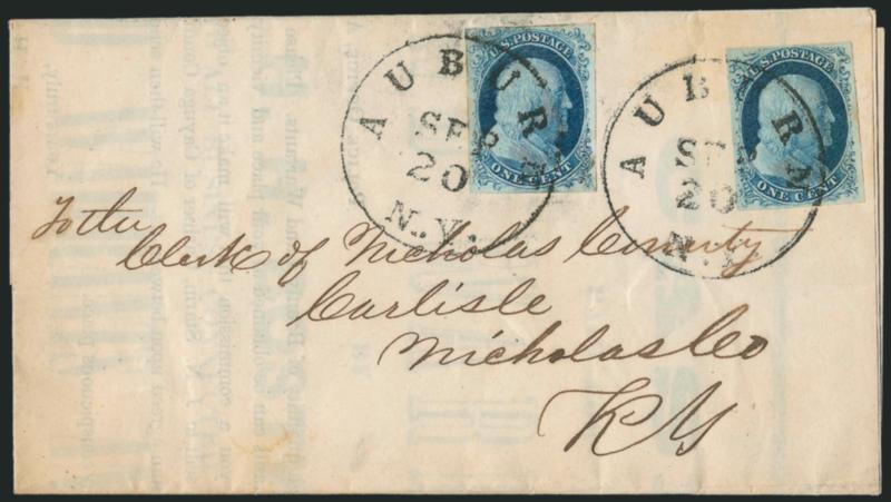 1c Blue, Ty. II (7).> Position 10R1E with <complete design at top>, large even margins framing the distinctive 10R1E entry, used with <1c Blue, Ty. IIIa (8A),> Position 56R1E, full margins all around, both
bright shades, tied by Auburn N.Y. Sep. 20