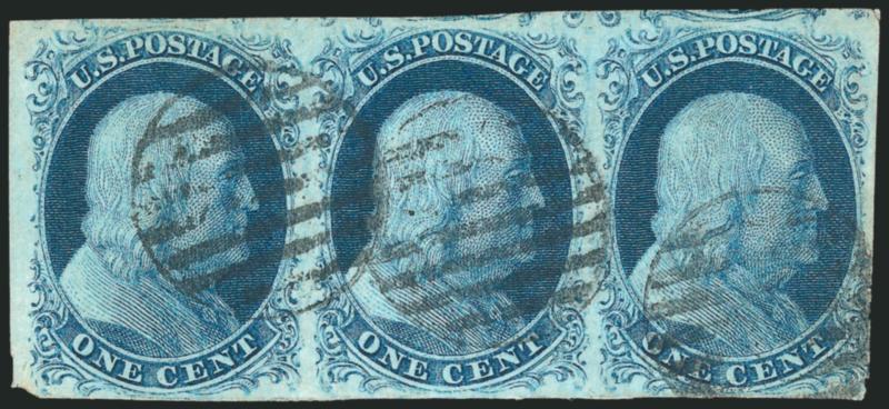 1c Blue, Ty. II-IIIa-IIIa (7-8A-8A).> Positions 16-18R1E, horizontal strip of three, Type IIIa at center with a wide break in outer line, another Type IIIa at right with a small break, Type II at left (early
impression), mostly large to huge margins
