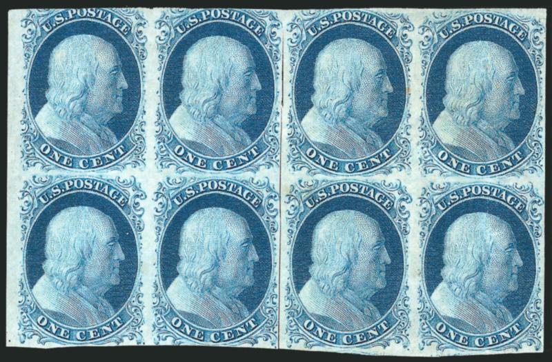 1c Blue, Ty. II, IIIa (7, 8A).> Positions 31-3241-42R1E (block of four) and 33-3443-44R1E (block of four) originally forming a block of eight, unused (no gum), two Type IIIa positions (32R and 33R) are a bit cut
in at top where breaks in outer line
