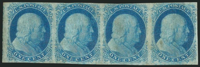 1c Blue, Ty. IIIa-II-IIIa-II (8A-7-8A-7).> Positions 16-19R1E, horizontal strip of four, unused (no gum), large margins to barely in at top, brilliant color but stains have been lightened, otherwise Very Fine,
an exceedingly rare Plate 1 Early unused