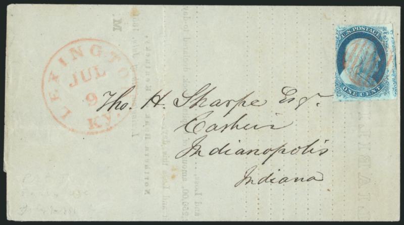 1c Blue, Ty. II (7).> Position 13R1E, two huge margins showing parts of adjoining stamps, ample at top and cut in at left, bright Robins Egg Blue shade, red grid cancel, matching <Lexington Ky. Jul. 9 (1851)>
circular datestamp on folded printed n