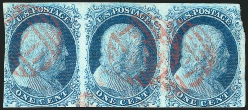 1c Blue, Ty. II (7).> Plate 1E, horizontal strip of three, full top margin, other sides ample to slightly in, cancelled by three strikes of oston small Paid grid in red,> this cancel was struck in red only
briefly in July 1851 (the first month of