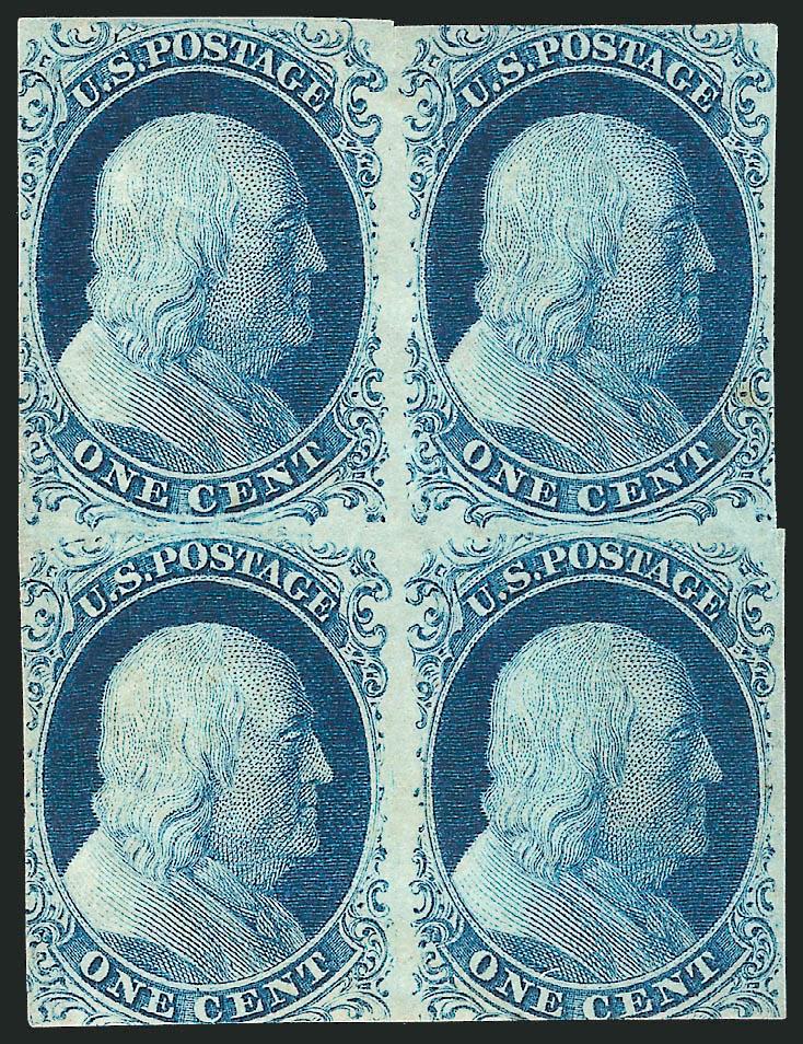 1c Blue, Ty. II-IIII-IIIa (7-77-8A).> Positions 61-6271-72L1E, block of four, bottom right Type IIIa, others Type II including <double transfer, one inverted (Position 71L1E),> original gum without a trace of
previous hinge, beautiful dark shade a