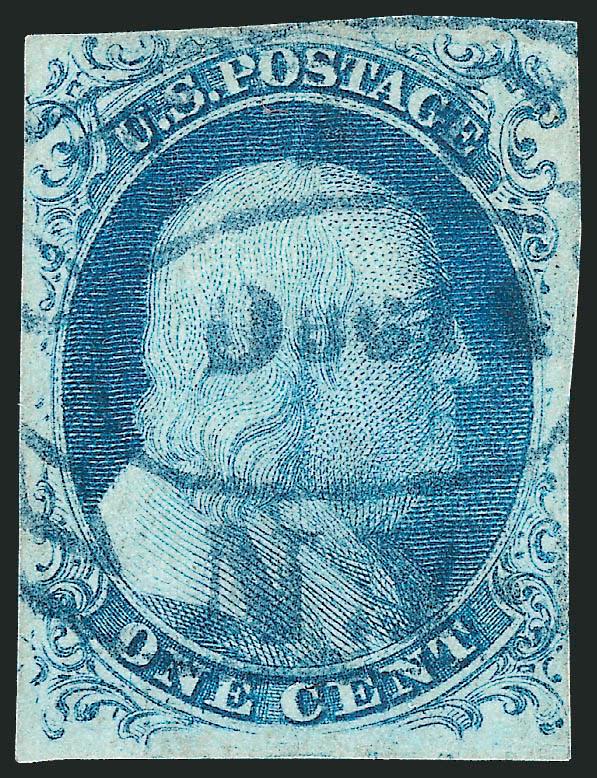 1c Blue, Ty. IIIa (8A).> Position 81L1E, <double transfer, one inverted,> this position shows a wide break in outer line at <bottom> (a rare Type IIIa with break at bottom instead of top), large bottom margin
highlights the bottom of design, others a