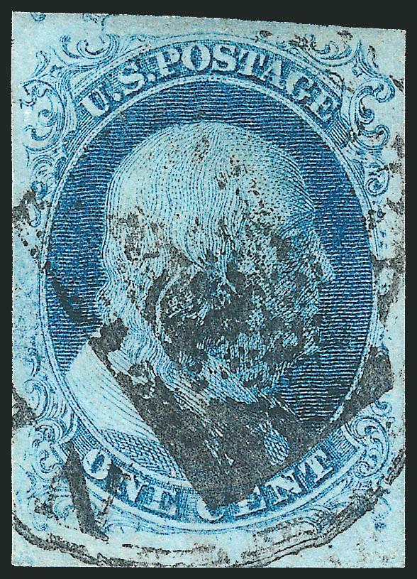 1c Blue, Ty. II (7).> Position 91L1E, <triple transfer, one inverted,> large margins all around, bright shade, cancelled by rare New York <large-slug> dateless circle, Extremely Fine, a scarce inverted transfer
position and extremely rare with this