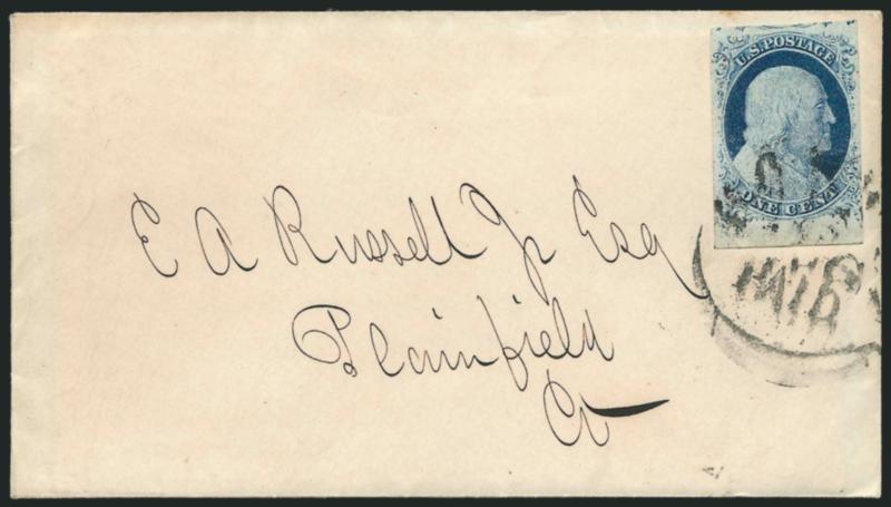 1c Blue, Ty. IV (9).> Position 91L1L, <triple transfer, one inverted,> huge margins to full including <sheet margin> at bottom and part of adjoining stamp at top, tied by Boston Paid ? Aug. circular datestamp on
cover to Plainfield Ct., with origin