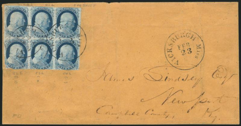 1c Blue, Ty. IV (9).> Positions 42-4452-54L1L, block of six, large margins to just in with few nicks at lower left, tied by Vicksburgh Miss. Feb. 23 circular datestamps, third strike at right, on oversize cover
to Newport Ky., some overall wear, s