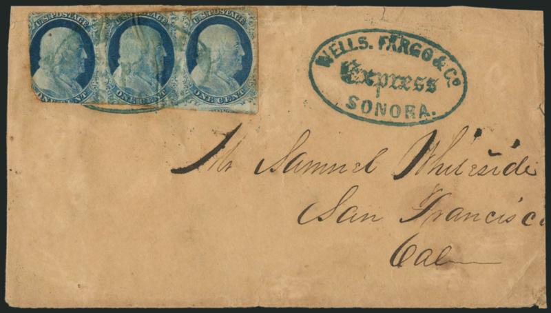 1c Blue, Ty. IV (9).> Horizontal strip of three, large margins to in, stamps with flaws, tied by <blue Wells, Fargo & Co. Express, Sonora> oval handstamp, second strike at right, on buff cover to San Francisco,
missing flaps, soiling, otherwise Fin