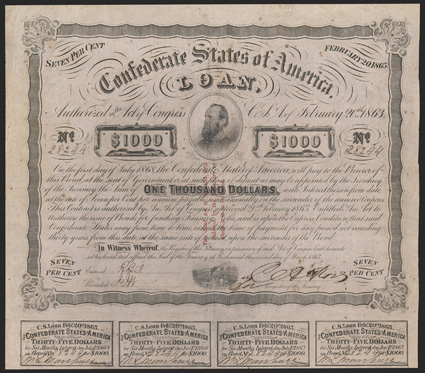Act of February 20, 1863. $1000. Cr. 122, B-252. Trans-Mississippi Bond. No. 28244. As previous, with three line red overprint on face. Issued and endorsed in Shreveport, La.
by H.J.G. Battle, CSA Depositary. Signed by Rose. 8 coupons below