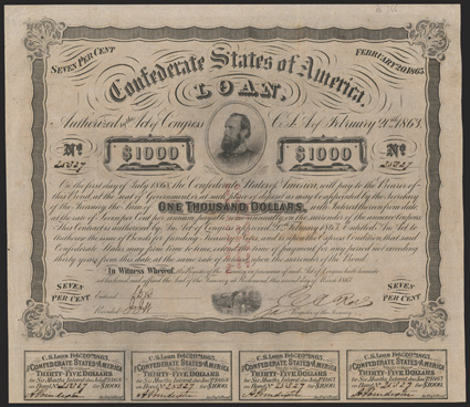 Act of February 20, 1863. $1000. Cr. 122, B-256. Trans-Mississippi Bond. No. 25327. As previous with three red line overprint. Not endorsed on reverse or face, should be
Kellogg. Signed by Rose. 7 coupons below. Light foxing, soiled, 