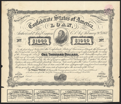 Act of February 20, 1863. $1000. Cr. X-122C, B-C240B. No. 5660. Third Series, white paper. Lt. Gen. TJ. Jackson, center steamboat, bottom. Printed on heavy whtie paper. No
THIRD SERIES genuine bond exists. The second and third series bonds