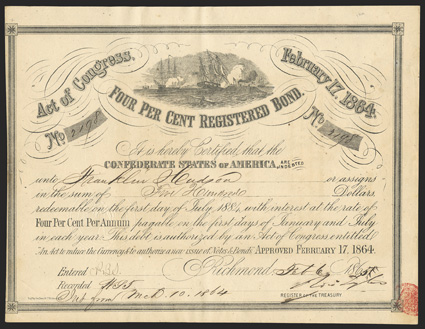 Act of February 17, 1864. $500. Cr. 141A, B-288. No. 2198. As previous. Signed by Tyler. Toned, left edge trimmed to border, light foxing, VF.   From The Holger Dreher
Collection