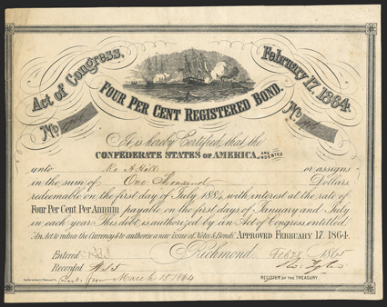 Act of February 17, 1864. $1000. Cr. 141B, B-290. No. 1906. As previous. Signed by Tyler. Foxed, left edge trimmed into border, soiling, about VF. From The Holger Dreher
Collection