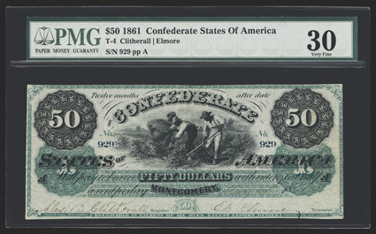 T-4. $50. 1861. Cr. 4, PF-1. No. 929, Plate A. Slaves hoeing cotton. Signed by Clitherall and Elmore. 1,606 were issued. This is a Plate 2 example, as the first 607 (Plate 1s)
were printed on the same sheet as the Type 1, Type 2, and Type 3 no